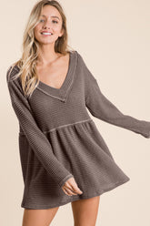 BiBi Women's Waffle Knit V-Neck Babydoll Blouse - Stylish & Cozy Fashion